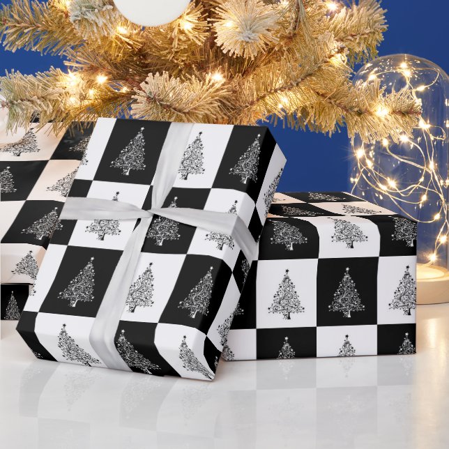 Papel De Presente Padrão Preto de Árvore de Natal Branco (Feriados)
