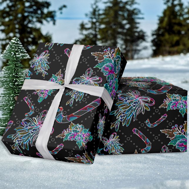 Papel De Presente Padrão Preto de Canas de Ninho de Natal Neon (Criador carregado)