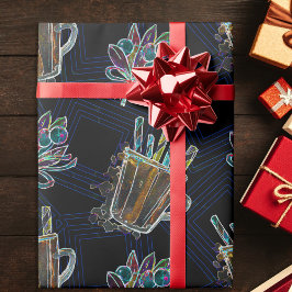Papel De Presente Padrão Preto de Chocolate Quente Neon Christmas