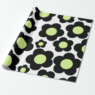 Papel De Presente Padrão Preto de Flor de Hippie Verde Neon