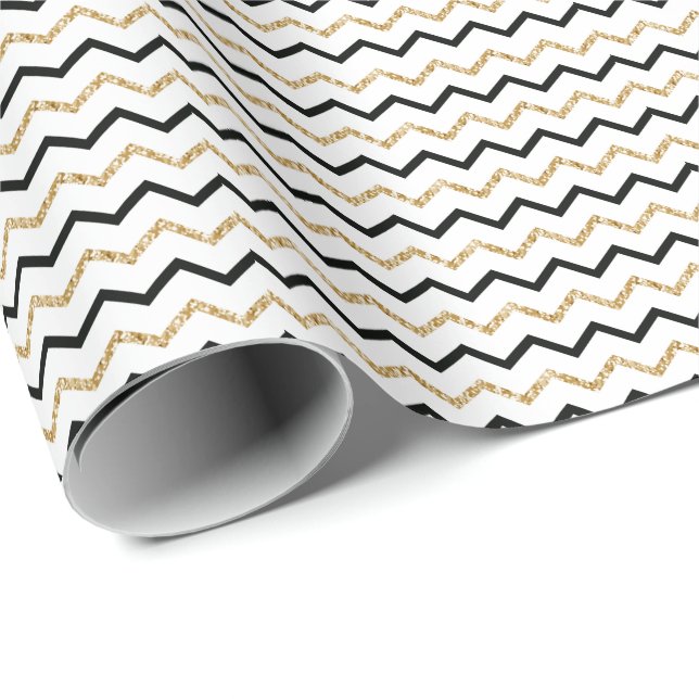 Papel De Presente Padrão Preto Dourado de Zig Zag Branco Chevron (Ponta do rolo)
