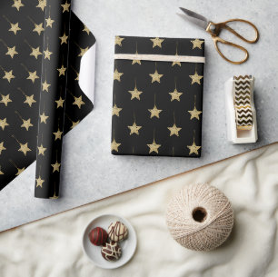 Papel De Presente Padrão Preto Moderno Com Estrelas Douradas