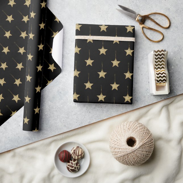 Papel De Presente Padrão Preto Moderno Com Estrelas Douradas (Artesanato)