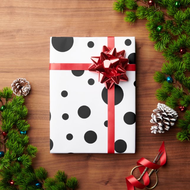Papel De Presente Padrão preto na Bolinhas branca (Presente de Natal)