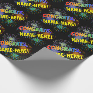 Papel De Presente Padrão Rainbow "CONGRATS", Fireworks, Nome Persona