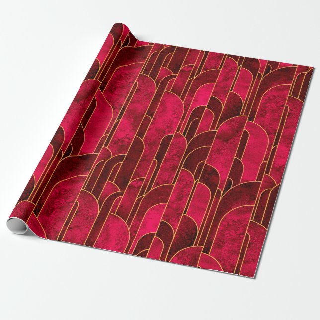 Papel De Presente Padrão Real de Arte Vermelha e Dourada (Desenrolado)