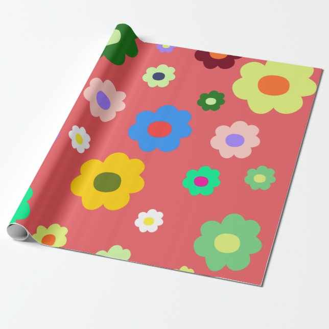 Papel De Presente Padrão Retro de Flores de Primavera Y2K (Desenrolado)