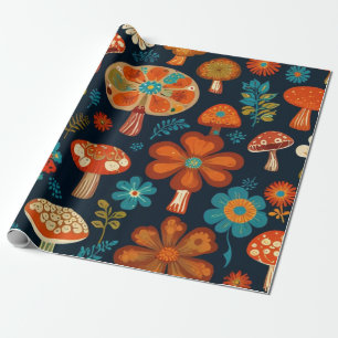 Papel De Presente Padrão Retro Groovy de Cogumelo e Flor