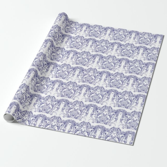 Papel De Presente Padrão Rococó Barroco Azul e Branco (Desenrolado)