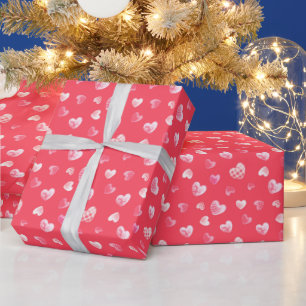 Papel De Presente Padrão Romântico de Corações Brancos em Vermelho C