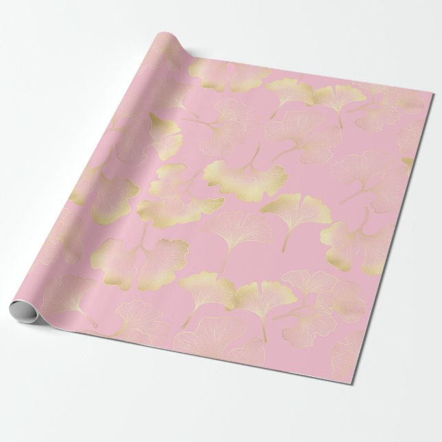 Papel De Presente Padrão Rosa Arte de Linha Dourada de Ginkgo Japonê (Desenrolado)