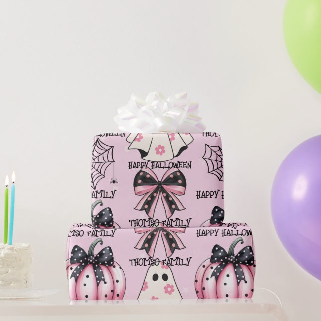 Papel De Presente Padrão Rosa Halloween Coquette Pumpkin Personaliza (Presentes para festas)