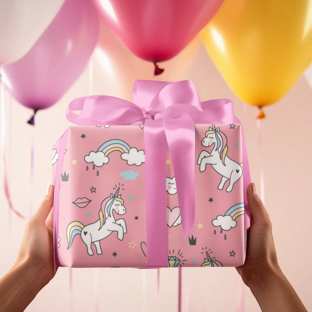 Papel De Presente Padrão Rosa Unicorn do Arco-Íris (Pink Unicorn Rainbow Pattern Wrapping Paper)