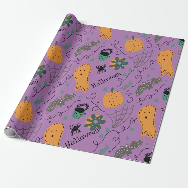 Papel De Presente Padrão Roxo de Doodles Fantasmas do Halloween (Desenrolado)