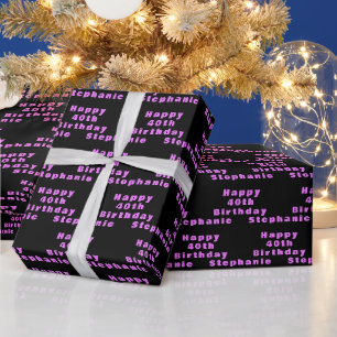 Papel De Presente Padrão Roxo Preto do Nome da Parte aniversário de