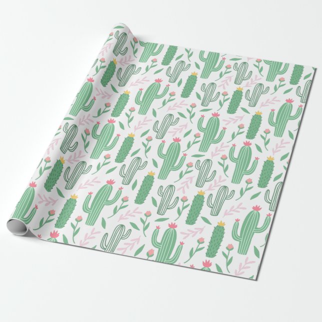Papel De Presente Padrão Roxo Verde da Planta de Cactus (Desenrolado)