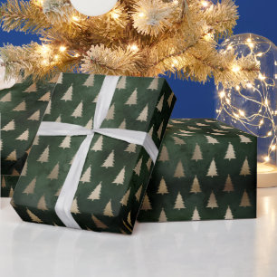 Papel De Presente Padrão russo de ouro verde-escuro árvores de Natal