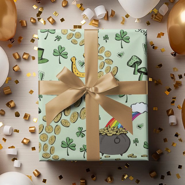 Papel De Presente Padrão Russo Verde Irlandês Shamrocks St Patricks (Elegant yet whimsical St Patricks Day Theme. Pots of gold, rainbows, shamrock coins, Irish Blessings)