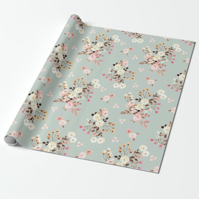 Papel De Presente Padrão Rustic Watercolor Flower Buquê em Sage (Desenrolado)