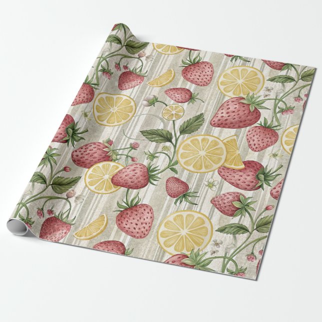Papel De Presente Padrão Rústico de Morango e Cítricos Terroso (8) (Desenrolado)