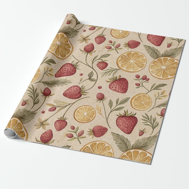 Papel De Presente Padrão Rústico de Morango e Citros Terroso (9) (Desenrolado)
