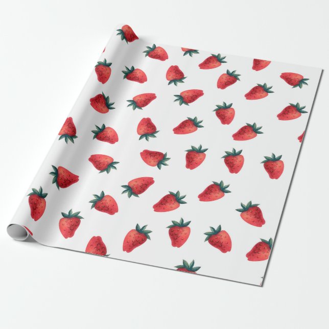 Papel De Presente Padrão sem costura aquarela com morangos (Desenrolado)