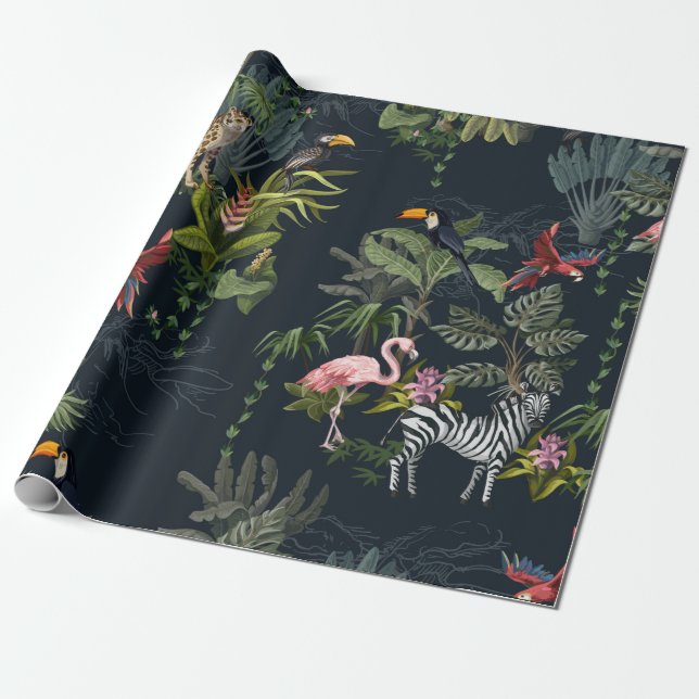 Papel De Presente Padrão sem costura com animais da selva, flores e  (Desenrolado)