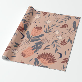 Papel De Presente Padrão sem costura com aves, flores de proteína e 