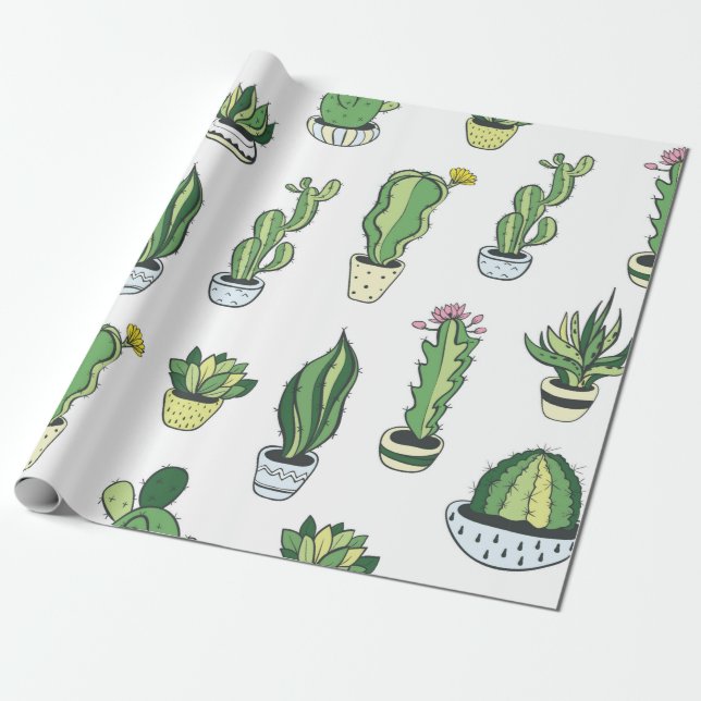 Papel De Presente Padrão sem costura com cacto e suculentos verdes  (Desenrolado)