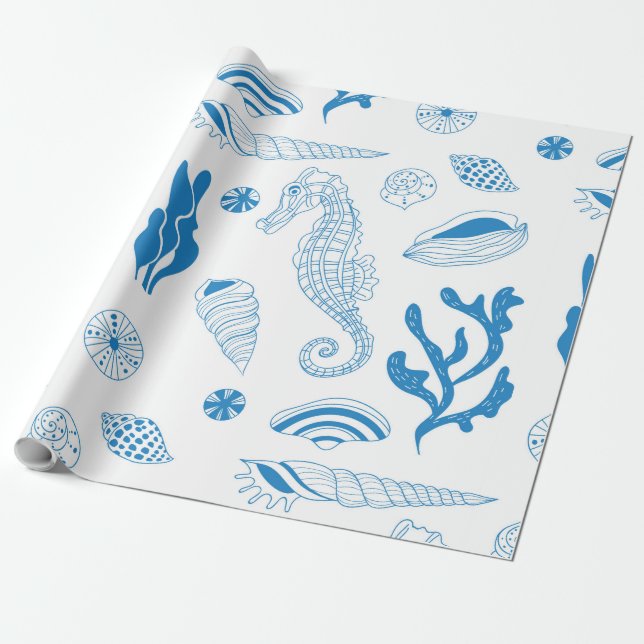 Papel De Presente Padrão sem costura com conchas marinhas (Desenrolado)