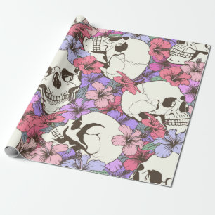 Papel De Presente Padrão sem costura com crânios encontram flores