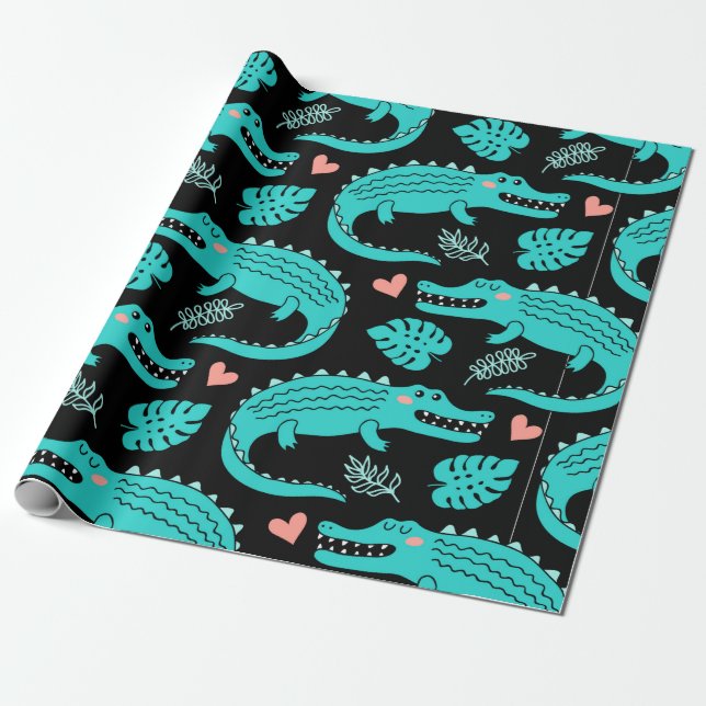 Papel De Presente Padrão sem costura com crocodilos de desenho anima (Desenrolado)