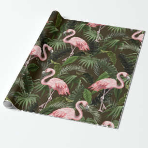 Papel De Presente Padrão sem costura com flamingo e folhas tropicai