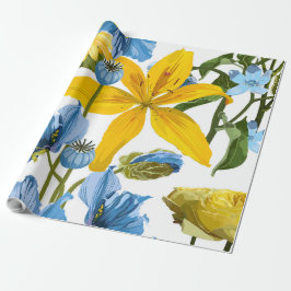Papel De Presente Padrão sem costura com flores azuis amarelas.