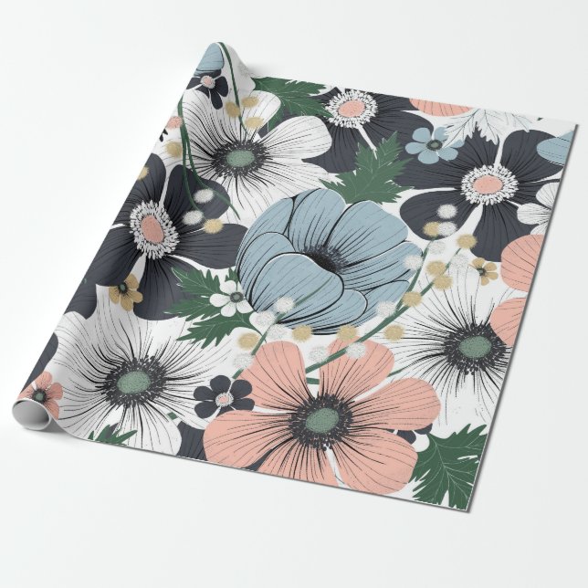Papel De Presente Padrão sem costura com flores delicadas desenhadas (Desenrolado)