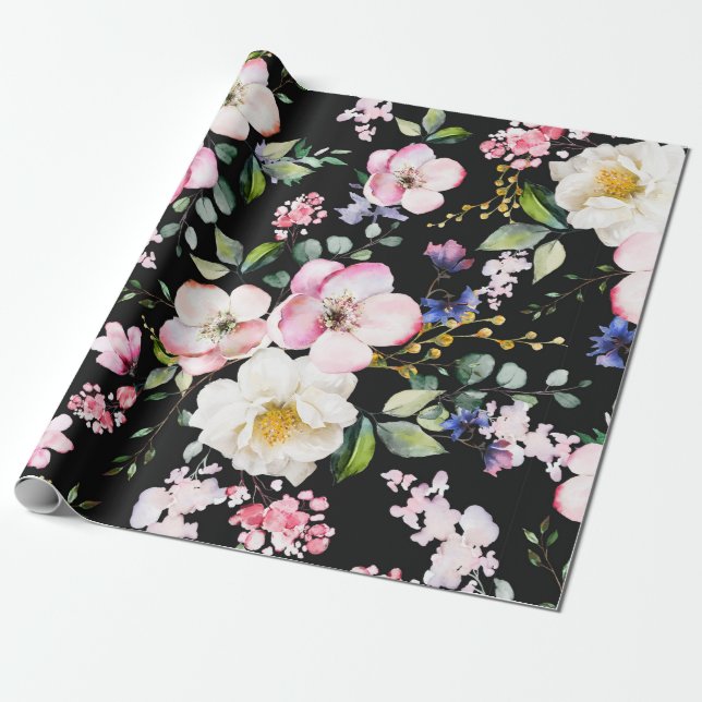 Papel De Presente Padrão sem costura com flores e folhas de primaver (Desenrolado)