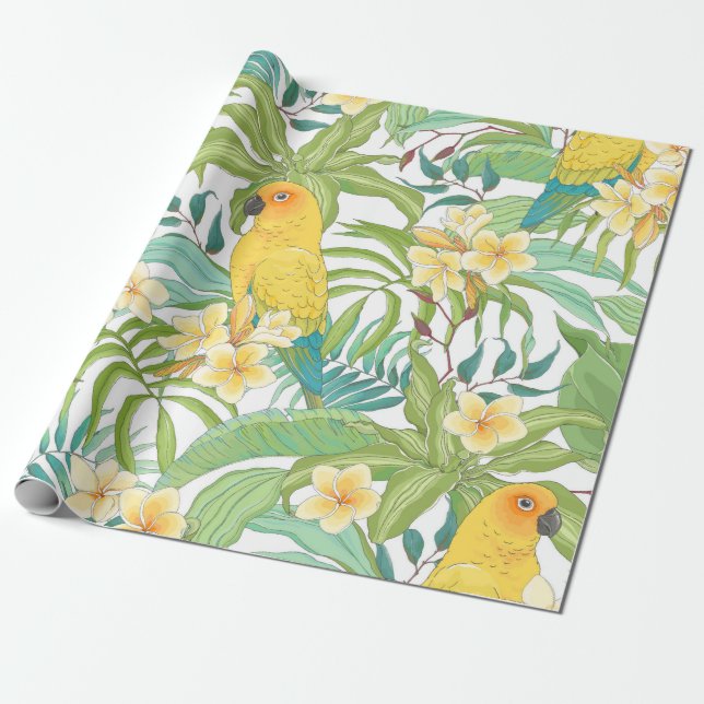 Papel De Presente Padrão sem costura com flores Plumeria, folhas e (Desenrolado)
