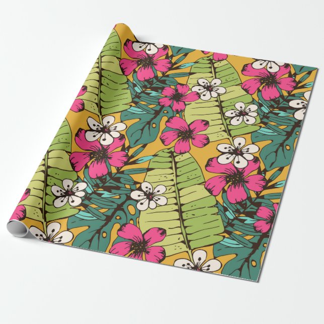 Papel De Presente Padrão sem costura com flores tropicais, palma (Desenrolado)