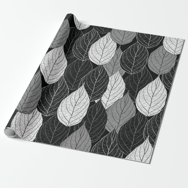 Papel De Presente Padrão sem costura com folhas. Monocromo puxado à  (Desenrolado)