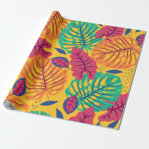 Papel De Presente Padrão sem costura com folhas tropicais em amarel