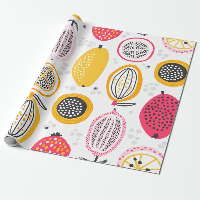 Papel De Presente Padrão sem costura com frutas exóticas desenhadas  (Desenrolado)