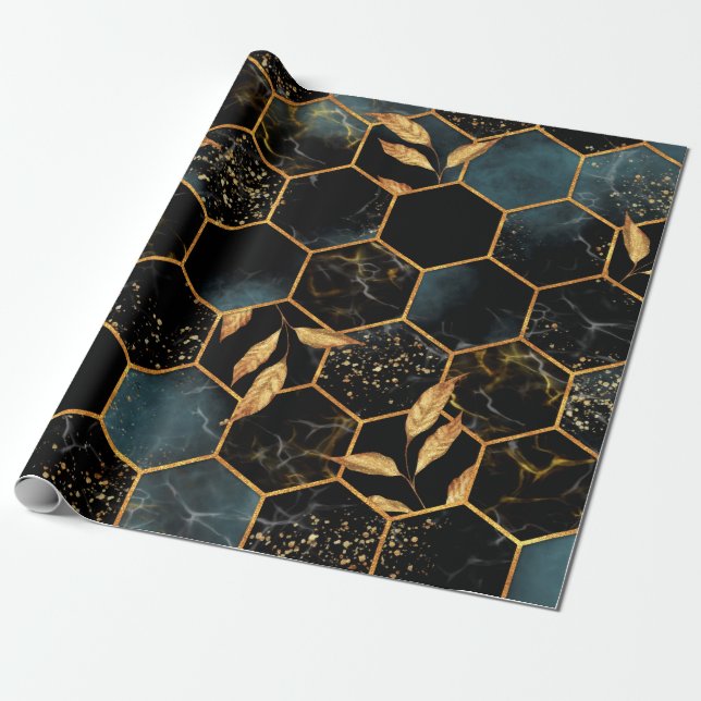 Papel De Presente Padrão sem costura com hexágono mármore e ouro (Desenrolado)