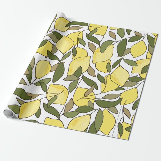 Papel De Presente Padrão sem costura com limões e folhas (Desenrolado)