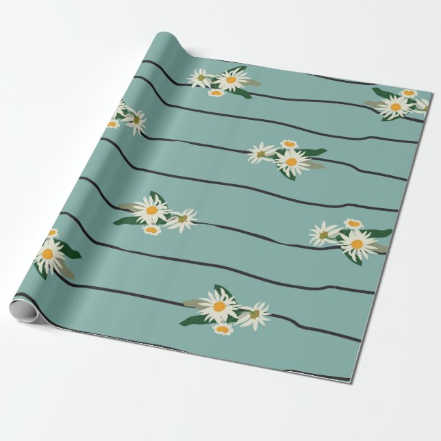 Papel De Presente Padrão sem costura com margarida e listras (Desenrolado)