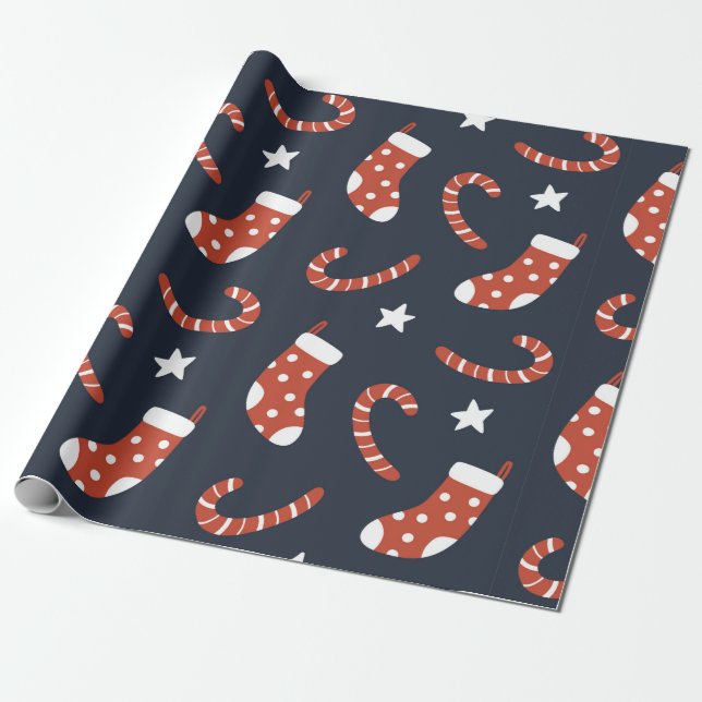 Papel De Presente Padrão sem costura com meias de natal, canas doces (Desenrolado)