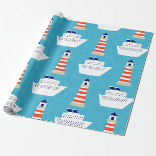 Papel De Presente Padrão sem costura com ondas, faróis e cruzeiros