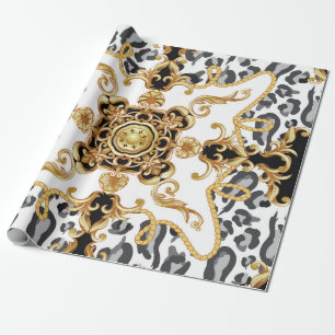 Papel De Presente Padrão sem costura com pele-leopardo e baro-ouro