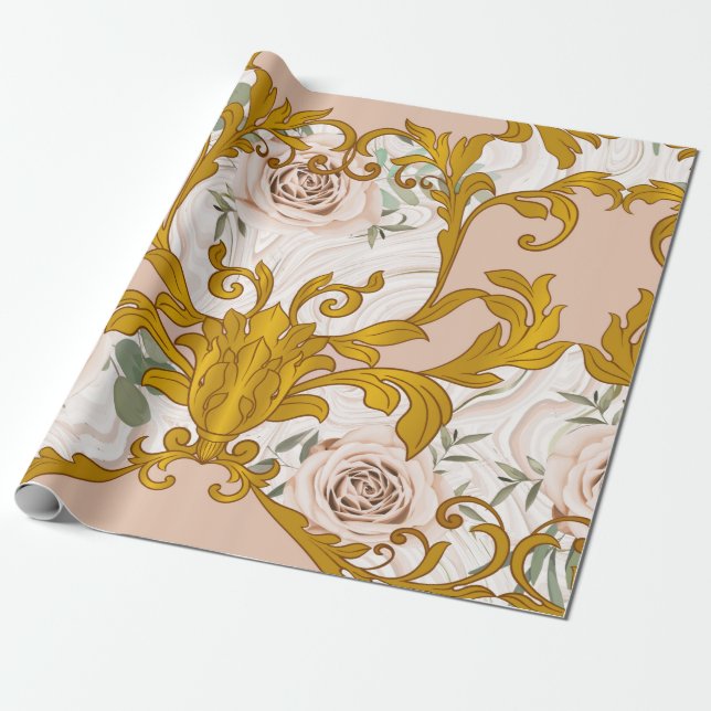 Papel De Presente Padrão sem costura com rosas e ouro barroco (Desenrolado)