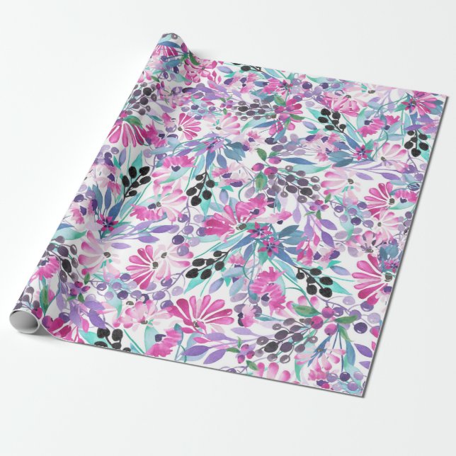 Papel De Presente Padrão sem costura de flores e bagas roxas,blu (Desenrolado)