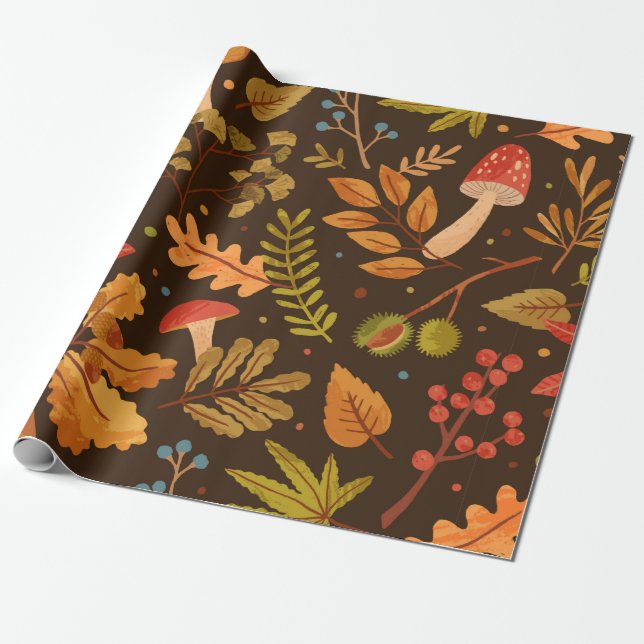 Papel De Presente Padrão sem costura decorado com folhas de outono,  (Desenrolado)